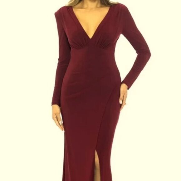 Xscape Wine Burgundy Long Sleeve Plunge Neck Gown